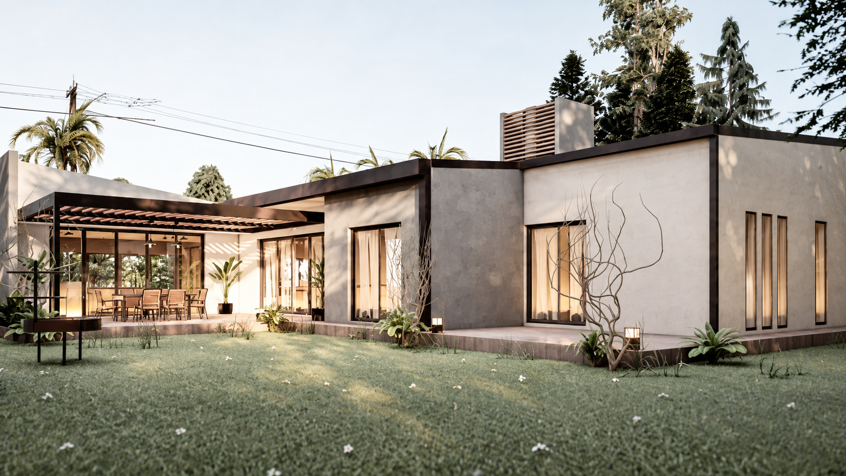 Vista de vivienda de una planta con pérgola y jardín