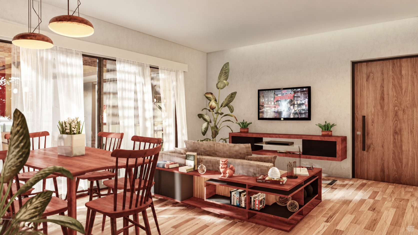 Interior con comedor de madera, estar y grandes cortinas translúcidas