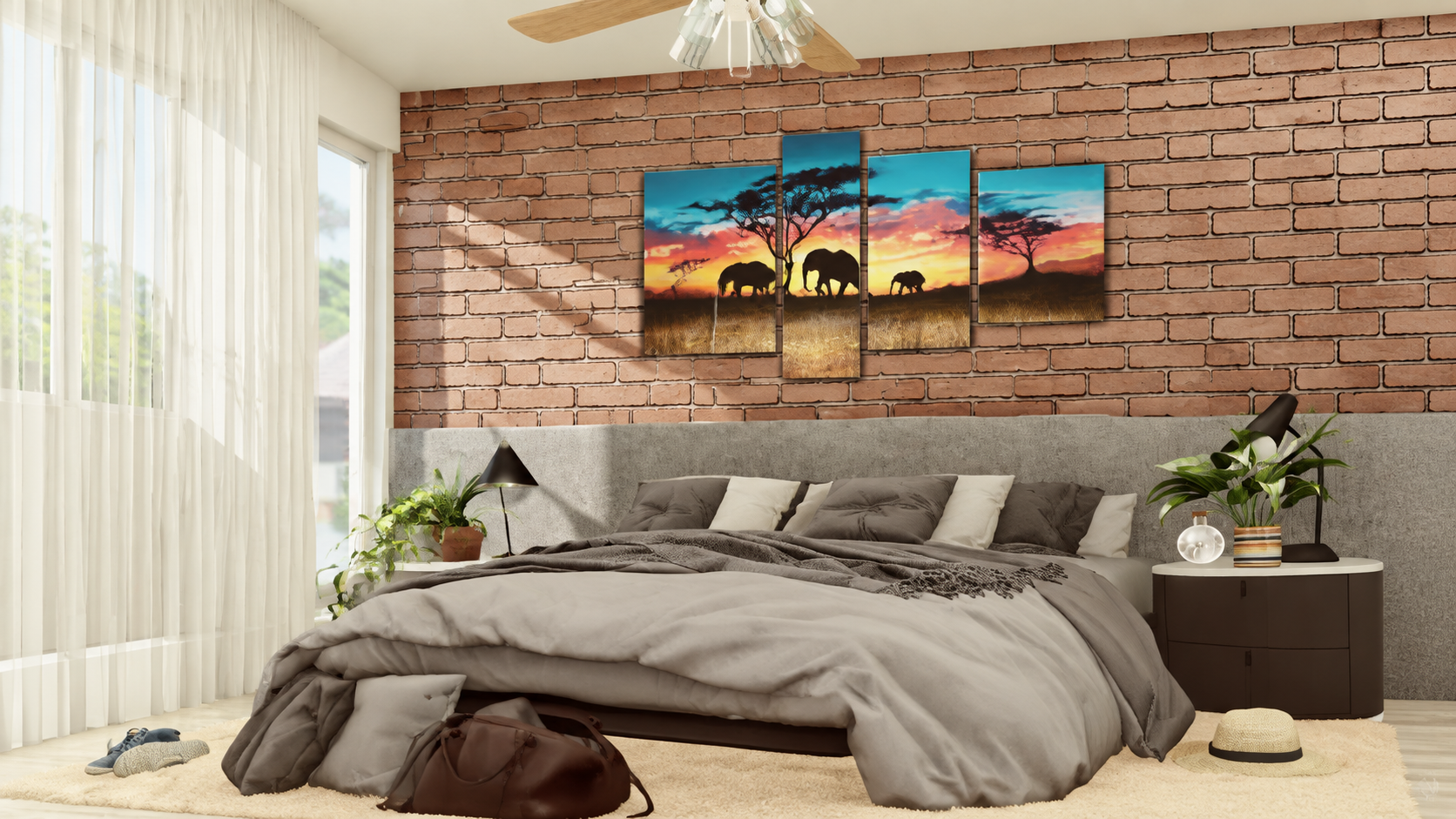 Dormitorio con pared de ladrillo y luz natural