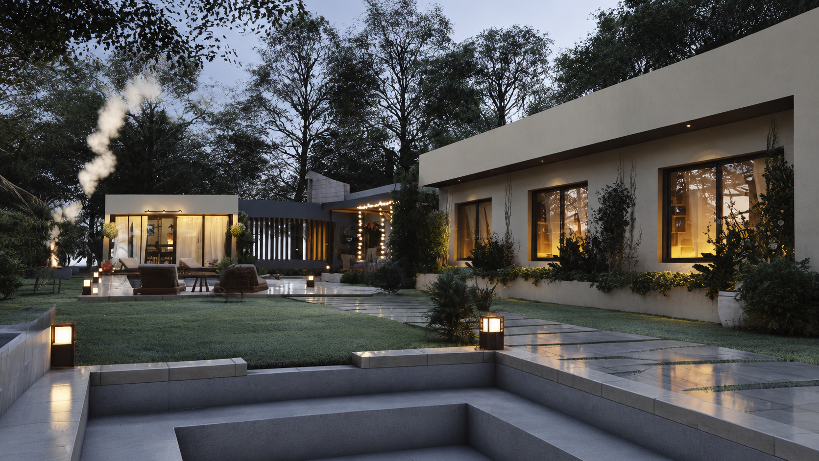 Jardín de vivienda al atardecer, con senderos e iluminación cálida