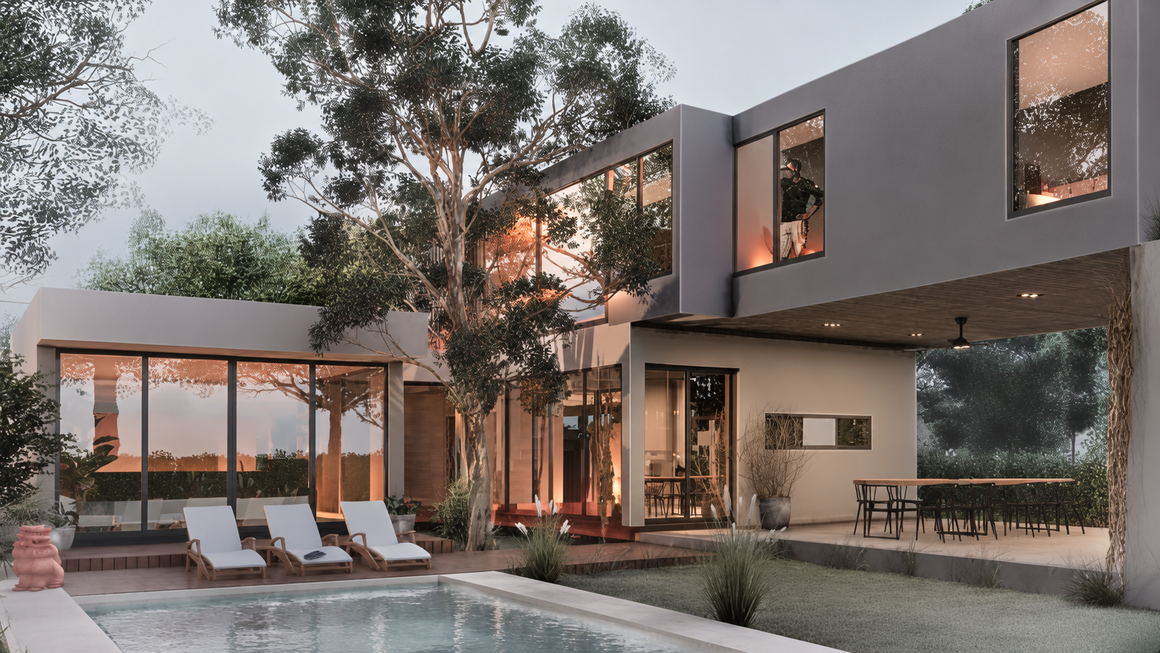 Contrafrente de vivienda de dos plantas con galería y piscina