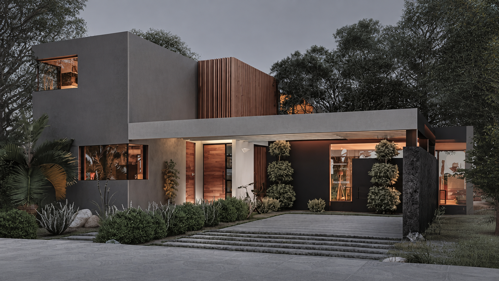 Vista exterior de vivienda con volúmenes grises, parasoles de madera y acceso ajardinado