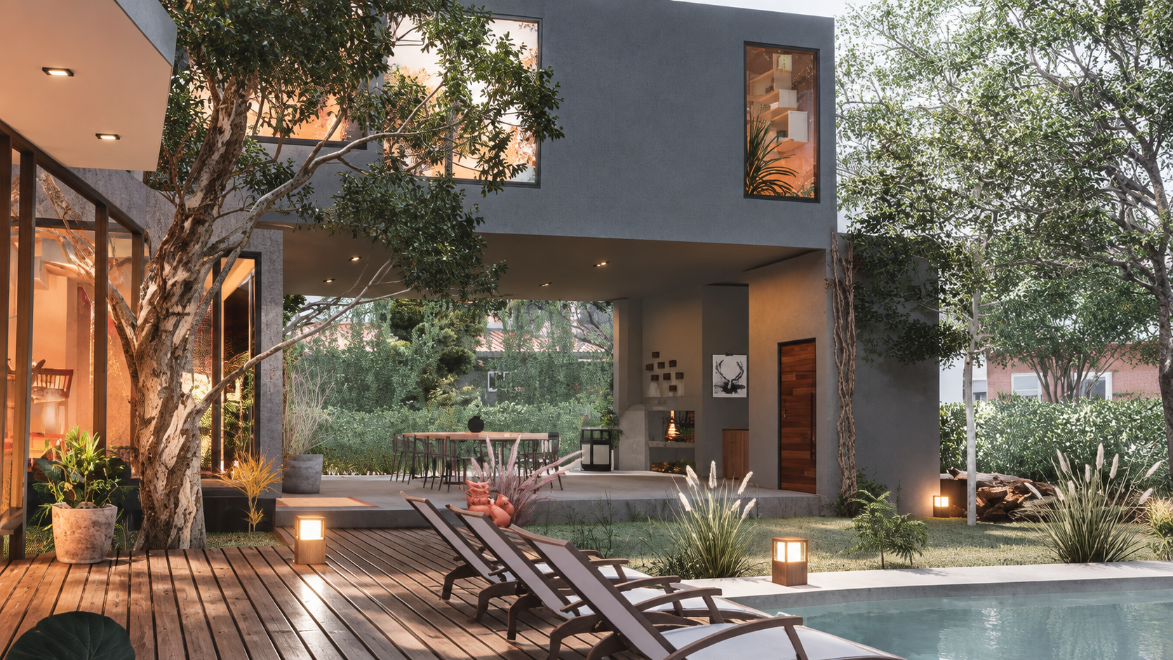 Deck junto a piscina, árbol y galería de doble altura